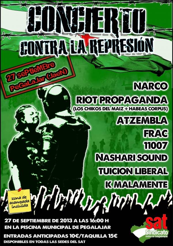 ÚLTIMAS ENTRADAS Y PLAZAS DE AUTOBÚS PARA EL CONCIERTO ANTIRREPRESIVO DEL 27 DE SEPTIEMBRE EN PEGALAJAR.