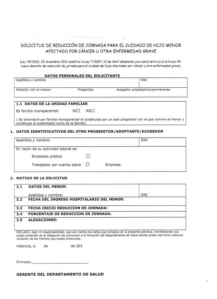 Solicitud reducción de jornada cuidado de hijo por enfermedad grave.