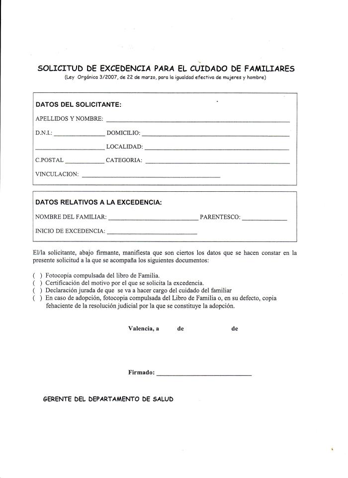 Solictud excedencia cuidado familiares